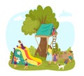 Playground at nature park, vector illustration. Happy girl boy childhood, children play in cartoon outdoor kindergarten. Royalty Free Stock Photo