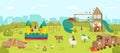 Playground in park, happy childhood vector illustration. Cartoon boy girl character play at nature, summer outdoor Royalty Free Stock Photo