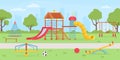 Playground at park. School or kindergarten background with sandbox, playhouse, swings and slides. Summer kids playground vector Royalty Free Stock Photo