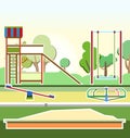 Playground in the park. Swings, slides and carousels. Flat cartoon style illustration. A place for children to play