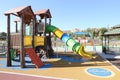 Child park in city with equipment for children playing, children playground.
