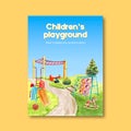 Playground poster design with jungle gym, slide, ball watercolor illustration