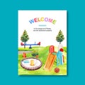 Playground poster design with sandpit, slide, seesaw watercolor illustration