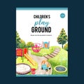 Playground poster design with trampoline, toy car, sandpit watercolor illustration