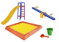 Playground set of objects slide, swing, sandbox, bucket, scoop. Illustration on white background