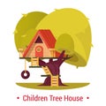 Playground shelter for children. Tree-house with fence for kids on tree with ladder. Royalty Free Stock Photo