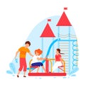 Playground with slide, cartoon boy girl play together, isolated on white vector illustration. Cute young kid have fun at Royalty Free Stock Photo