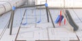 Playground slider and swing set on blueprints, computer keyboard and screen background. Kids recreation project construction