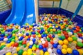 Playground for sport and play in kindergarten. Inside the plastic dry pool with colorful balls and slide Royalty Free Stock Photo