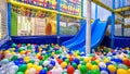 Playground for sport and play in kindergarten. Panoramic view inside the plastic dry pool with colorful balls and slide Royalty Free Stock Photo