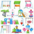 Playground vector kids park to play swing slide outdoor for fun illustration set of carousel swinging leisure equipment Royalty Free Stock Photo