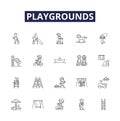 Playgrounds line vector icons and signs. playground, play, swings, slides, sandbox, games, equipment, fun outline vector