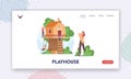 Playhouse Landing Page Template. Happy Family Building Treehouse. Mother, Father and Children Create House on Tree Royalty Free Stock Photo