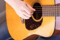 Playing on acoustic guitar close-up. Male hand to pluck the strings Royalty Free Stock Photo