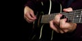 Playing an Acoustic Guitar. Closeup. Guitarist hands and guitar close up
