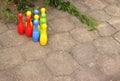 Playing activity outdoors. treet bowling. Set of pines Royalty Free Stock Photo