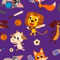 Playing animals with games tools isolated on violet