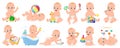 Playing babies. Cute infant baby boy or girl playing with ball, pyramid and boat isolated vector illustration set