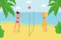 Playing beach volleyball on summer holiday. Enjoying ball game with friend on ocean shore flat vector illustration Royalty Free Stock Photo