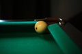 Playing billiard. Billiards balls and cue on green billiards table. Billiard sport concept. Pool billiard game. Russian pyramid Royalty Free Stock Photo