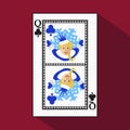 Playing card. the icon picture is easy. CLUB QUEEN. NEW YEAR OF MISISS SANTA CLAUS GIRL. CHRISTMAS SUBJECT. with white a basis sub