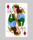 Playing card queen of diamonds in funny flat modern style Royalty Free Stock Photo