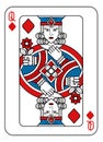 Playing Card Queen of Diamonds Red Blue and Black