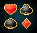 Playing card suit with gold border. Casino icons. Poker symbols