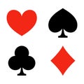 Playing card suits. Game. Casino icons. Heart, diamond, club and spade. Vector illustration