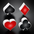 Playing card suits symbols standing on black background. 3D illustration Royalty Free Stock Photo