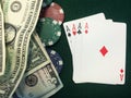 Playing Cards, Cash, and Chips Royalty Free Stock Photo