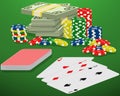 Playing cards, casino chips and bundle of money on a green gambling table. Blackjack, card deck and cash winnings. Royalty Free Stock Photo