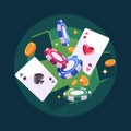 Playing cards, chips and coins flying. Poker flat illustration on green background