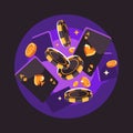 Playing cards, chips and coins flying. Poker flat illustration on purple background