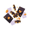 Playing cards, chips and coins flying. Poker flat isolated illustration