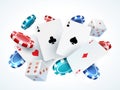 Playing cards chips dice. Casino poker gambling realistic 3D falling cards and chips isolated on white. Vector poker Royalty Free Stock Photo