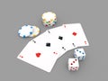 Playing cards, chips, dice, on a gray background. Royalty Free Stock Photo