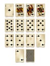 Playing cards of Clubs suit in vintage style isolated on white Royalty Free Stock Photo