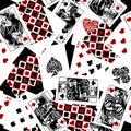 Playing cards colorful seamless pattern background in vintage engraving drawing style in black and red colors Royalty Free Stock Photo