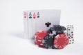 Playing cards, dice and casino chips on white background Royalty Free Stock Photo