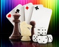 Playing cards, dice and chess pieces. 3D illustration Royalty Free Stock Photo