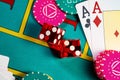 Playing cards, dice and colored poker chips from above on poker table at the casino. The concept of gambling, betting Royalty Free Stock Photo