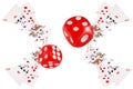 Playing cards and dice flying at the poker table Royalty Free Stock Photo