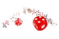 Playing cards and dice flying on white background Royalty Free Stock Photo