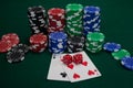 Playing cards, dices and casino chips on poker table Royalty Free Stock Photo