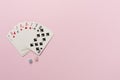 Playing cards and dices on color background. Gambling concept. Top view Royalty Free Stock Photo