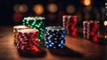 Playing cards,dices and poker chips from above on green poker table. AI generative. Royalty Free Stock Photo