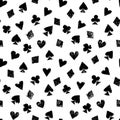 Playing cards different suits - hearts, diamonds, spades and clubs - black and white grunge seamless pattern, vector