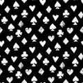 Playing cards different suits - hearts, diamonds, spades and clubs - black and white grunge seamless pattern, vector Royalty Free Stock Photo