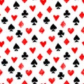 Playing cards different suits - hearts, diamonds, spades and clubs - grunge seamless pattern, vector Royalty Free Stock Photo